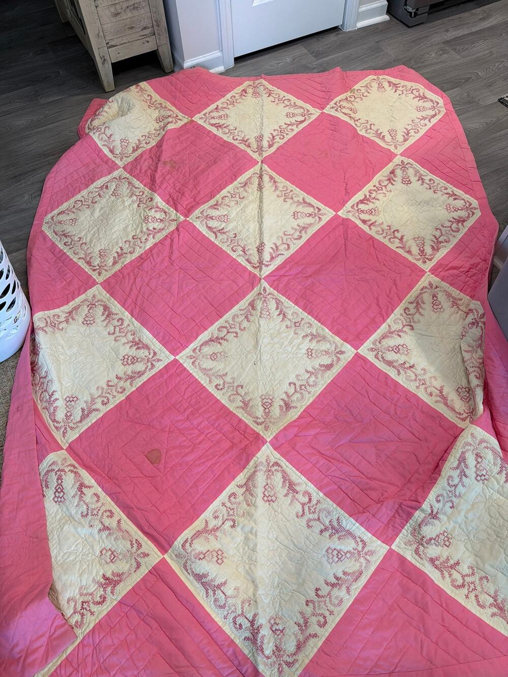 Large vintage embroidered quilt stained project quilt